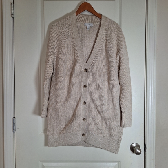 COS Cream Ribbed V-Neck Button-Front Cardigan - Picture 3 of 9